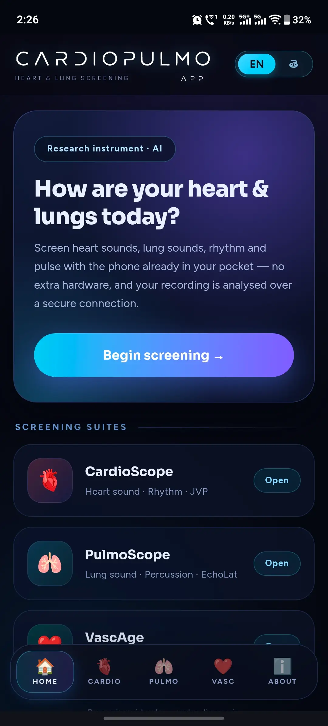 CardioPulmo — live app screen