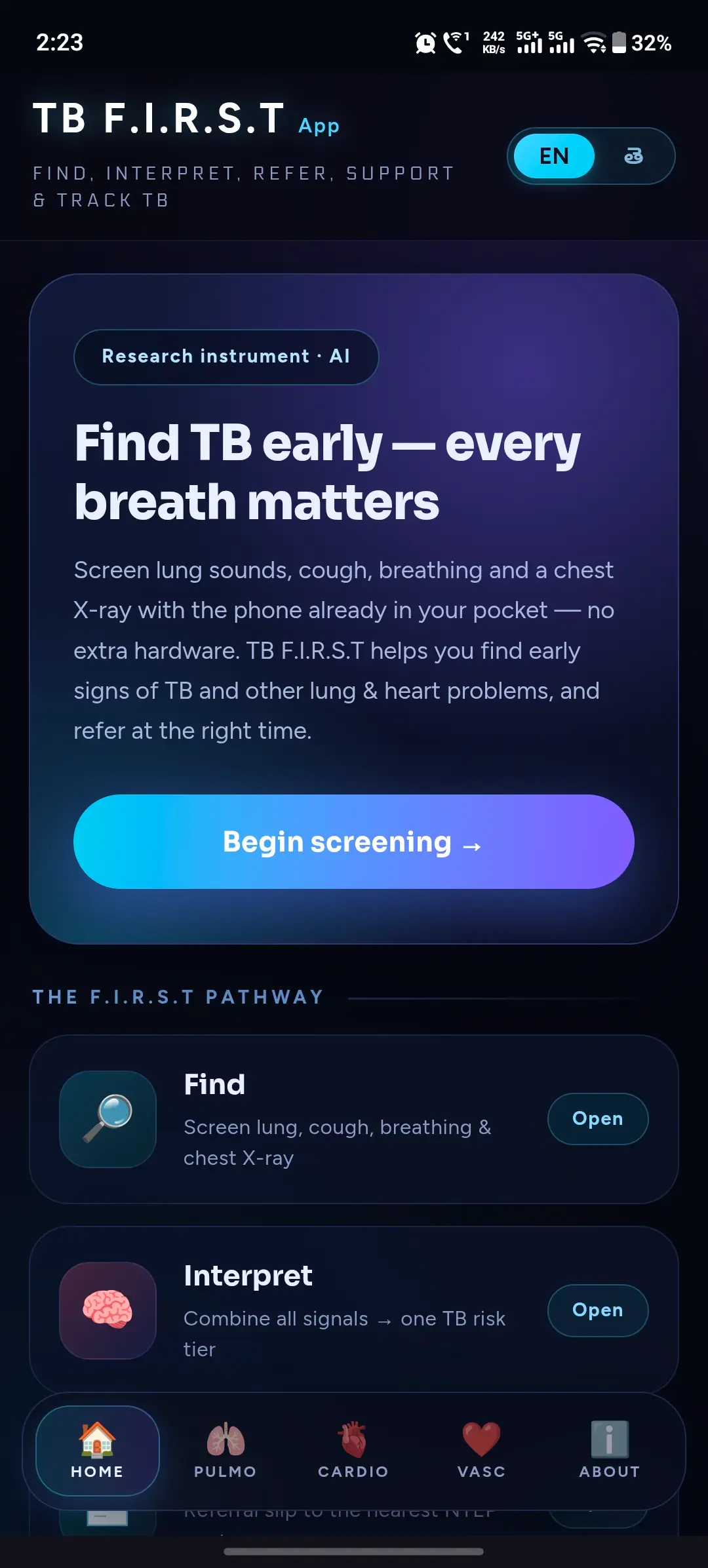 TB F.I.R.S.T — live app screen
